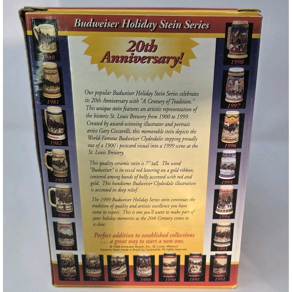 Budweiser Holiday Stein 1999 "A CENTURY OF TRADITION" 20th Anniversary NIB W/COA - Picture 6 of 7